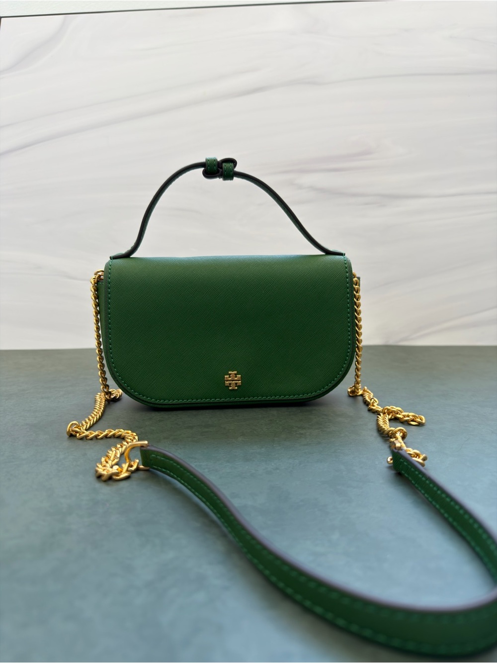 Tory Burch Emerald Green Saffiano Leather Chain Crossbody
